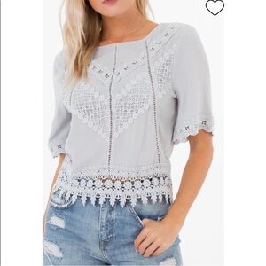 Anthropoligie Light Gray “White Crow” Elegant Lace Crochet Top w/back tie